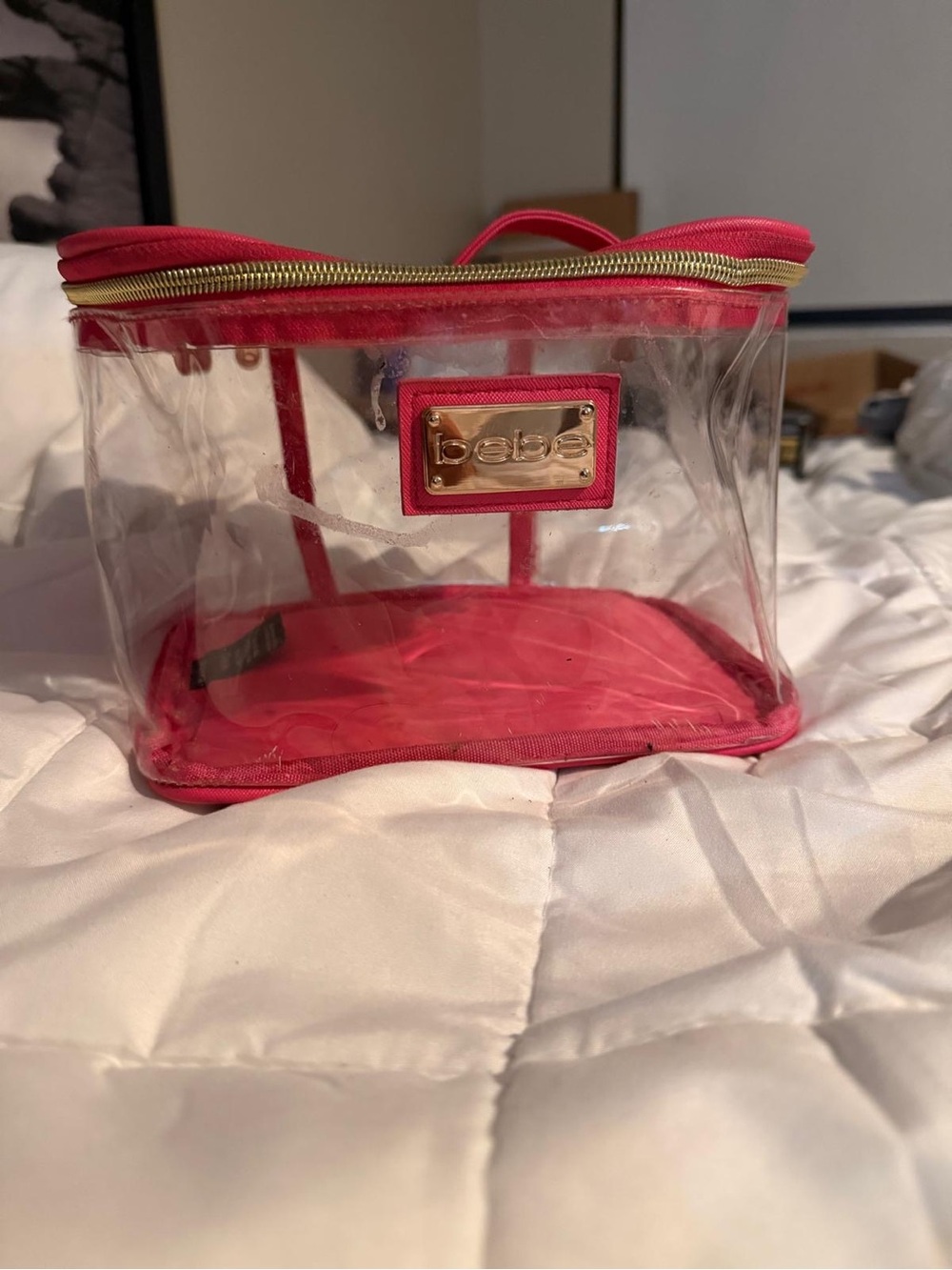 bebe Clear Pink Cosmetic Case with Gold Logo Plate